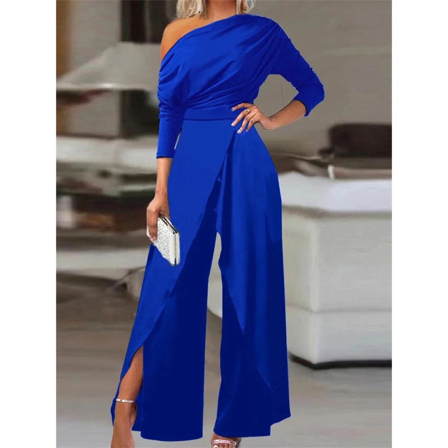 Royal Blue One Shoulder Wide Leg Jumpsuit Formal Cocktail Attire Avencea