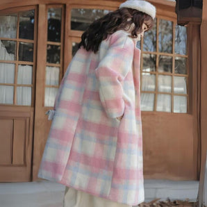 Avencea Women's Coat Made of Wool Blend with Delicate Pastel Checks and Double-Breasted Buttons