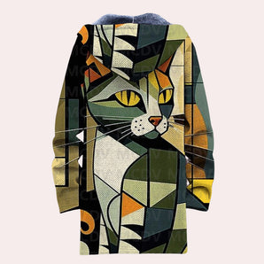 Artistic geometric cat design men's jacket featuring a unique pattern, with a collar and sleeves, ideal for cat lovers.