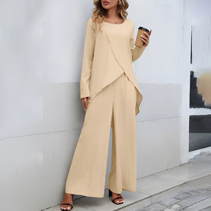 Asymmetric beige pantsuit for women in size 5XL, featuring a casual yet elegant design with a blazer-style jacket, long sleeves, and a stylish collar.