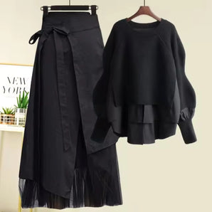 Asymmetrical Black Skirt & Ruffle Blouse Set - Chic Women's Fashion