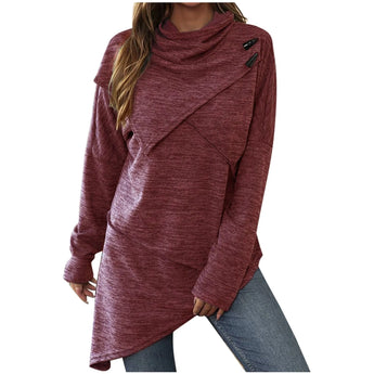 Charcoal gray women's winter sweater featuring an asymmetrical cowl neck design, long sleeves, and a cozy, stylish fit.