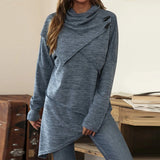 Asymmetrical charcoal gray women's winter sweater with a cowl neck design, long sleeves, and a cozy fit.