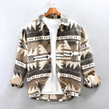 Aztec Pattern Flannel Jacket in light brown, featuring a tribal design for men's winter outerwear, shown in size 3XL. The jacket has a defined collar, long sleeves, and a button-up front, showcasing intricate patterns typical of Aztec-inspired fashion.