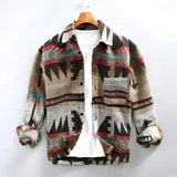 Dark brown Aztec pattern flannel jacket in 3XL, featuring a tribal design with a woolen texture, long sleeves, and a stylish collar. Ideal for men's winter fashion.