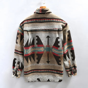 Aztec Pattern Flannel Jacket featuring a tribal design in grey, showcasing a tartan textile pattern with a collar and long sleeves, ideal for men's winter outerwear.