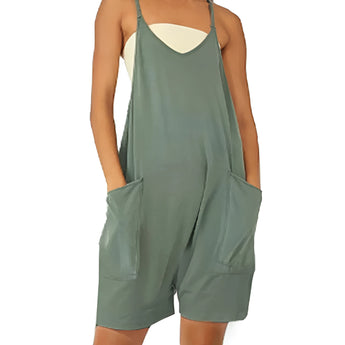 Women's pine green backless romper in a size 5XL, featuring a casual playsuit design with pockets, short sleeves, and a cinched waist for a flattering fit.