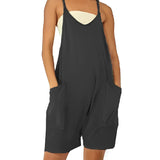 Washed black backless summer romper in 5XL size featuring a casual design with pockets, sleeveless style, and a comfortable one-piece fit.