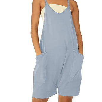 Beige backless summer romper with pockets, featuring a casual one-piece design, showcasing shoulder and arm details, suitable for women, displayed in a blue color and size 5XL.