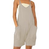 Beige backless summer romper in gray, designed as a casual women's playsuit featuring pockets. The romper is showcased in a 5XL size, highlighting its loose fit around the shoulders and waist, with a focus on the sleeveless design and its comfortable, breezy style ideal for warm weather.