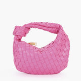 Black leather geometric woven handbag with designer braided detail, shown in pink color, suitable for one size.