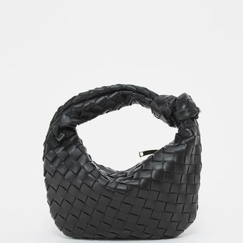 Black leather geometric woven handbag with braided design and shoulder strap, featuring a stylish and modern look for fashion-forward individuals.