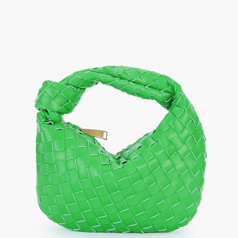 Black leather geometric woven handbag in a rectangular shape with a braided shoulder strap, featuring a green color variant and designer pattern.