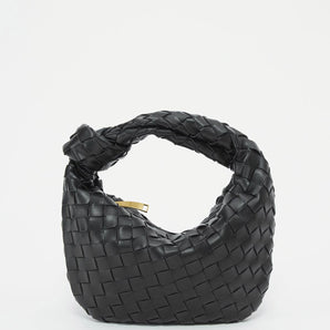 Black leather geometric woven handbag with braided detailing, designed as a shoulder bag.