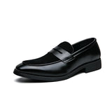 Men's black leather penny loafers, formal slip-on dress shoes with a polished finish and a durable synthetic rubber sole.