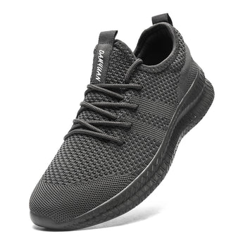 Black running sneakers with dark gray accents in size 43, designed for men. The shoes are lightweight, breathable, and feature a non-slip sole, suitable for outdoor activities and sportswear.