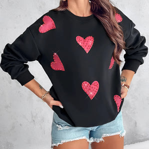 Black Sequin Heart Sweatshirt - Women's Romantic Crewneck Pullover