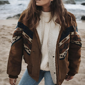 Women's Bohemian Leather Jacket in Brown Suede with Ethnic Print, featuring a 3XL fit, displayed against a neutral backdrop.