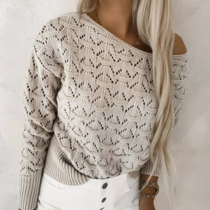 Women's Bohemian off-shoulder crochet sweater in white and grey, featuring a wide neckline, long sleeves, and a relaxed fit, perfect for fall fashion.