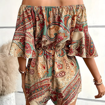 Bohemian Paisley Off-Shoulder Romper worn by a woman, showcasing a stylish and chic summer outfit with a focus on the off-shoulder design and detailed paisley pattern.