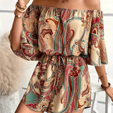 Bohemian paisley off-shoulder romper featuring a chic summer design for women, showcasing exposed shoulders and a stylish one-piece garment.