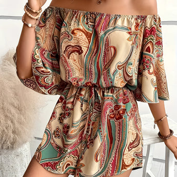 Bohemian paisley off-shoulder romper featuring a chic summer design for women, showcasing exposed shoulders and a stylish one-piece garment.