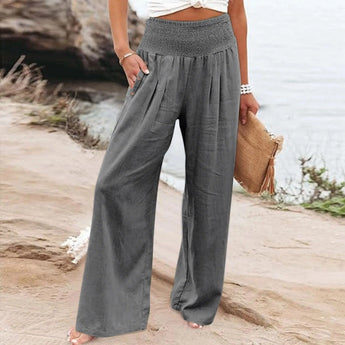 Gray Bohemian Palazzo Pants for women in size 3XL, featuring wide legs and a flowy design perfect for summer.