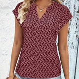 Burgundy geometric keyhole cap sleeve women's summer blouse in red, size XL, featuring a stylish neckline and comfortable fit.