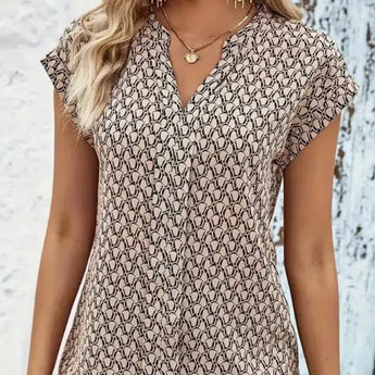 Burgundy geometric keyhole cap sleeve women's summer blouse in khaki, size XL, featuring a fashionable pattern with a stylish collar and neckline design.