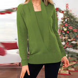 
Image of a woman wearing a green wrap sweater in size 2XL, showcasing fall and winter fashion. The sweater features a stylish wrap design with long sleeves and a flattering fit around the shoulders and waist. The soft textile drapes elegantly while standing.