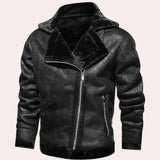 
Men's distressed brown vintage leather jacket with a shearling collar, featuring a classic winter design. The jacket is shown in a black color variant, size XL, with long sleeves and made from natural leather material.