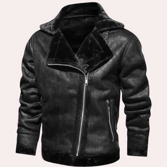 
Men's distressed brown vintage leather jacket with a shearling collar, featuring a classic winter design. The jacket is shown in a black color variant, size XL, with long sleeves and made from natural leather material.