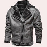 Men's distressed vintage leather jacket with a shearling collar, shown in gray, size XL. The jacket features a classic outerwear design with long sleeves, made from natural materials, ideal for winter wear.