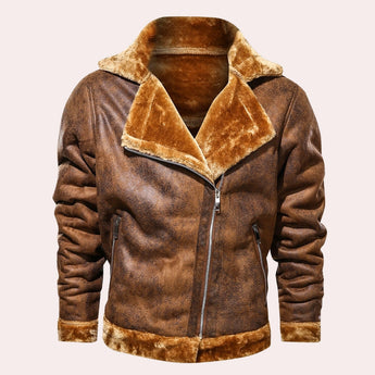 Brown vintage leather jacket for men with a distressed finish and shearling collar, featuring long sleeves and crafted from natural materials, ideal for winter wear.