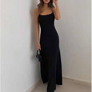 Elegant Black Spaghetti Strap Maxi Dress - Women's Evening Gown