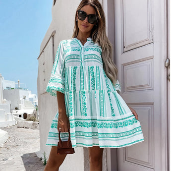 Green & White Geometric Flowy Summer Dress with Collar - Casual Medite –  Avencea