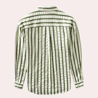 Men's long sleeve button-down shirt with green and white vertical stripes, displayed on a clothes hanger. The shirt features a classic collar and a tailored fit, suitable for both casual and formal occasions.