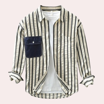 Men's long sleeve button-down shirt with green and white vertical stripes, featuring a blue color variant and collared design, displayed on a clothes hanger.