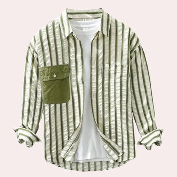 Men's long sleeve button-down shirt with green and white vertical stripes, featuring a classic collar and buttons down the front.