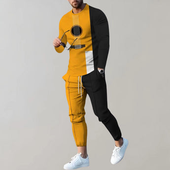 Black and yellow music-themed men's tracksuit with a guitar print, featuring a jacket and joggers in size 2XL.