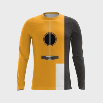 Men's black and yellow tracksuit with a guitar print, featuring long sleeves, a waist drawstring, and a casual sportswear style suitable for music enthusiasts.