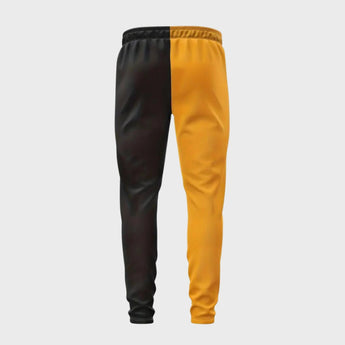 Men's black and yellow joggers featuring a guitar print, designed as music-themed activewear with a sporty and stylish look.