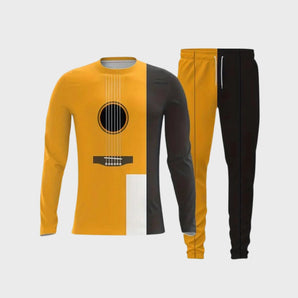 Men's black and yellow tracksuit featuring a guitar print design, with a sportswear style including a jersey-like top with short sleeves and a collar, and matching jogger pants with an elastic waistband.