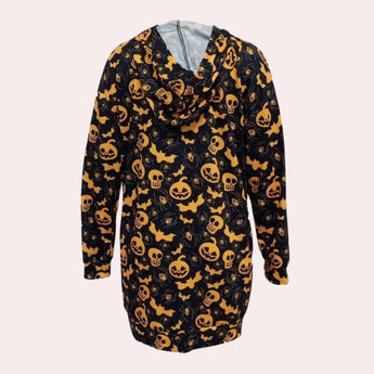 Hooded Halloween mini dress for women featuring a vibrant pumpkin and ghost print, with long sleeves and a cozy hood.