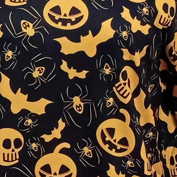 Colorful mini dress with Halloween-themed pumpkin and ghost print, featuring a hood, predominantly in black and orange hues with hints of yellow and gold.