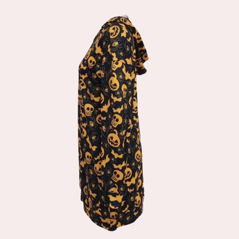 Mini dress with a hood featuring a Halloween-themed design, adorned with pumpkin and ghost prints, suitable for women.