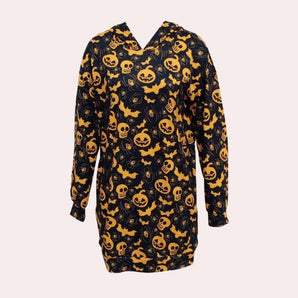 Halloween-themed women's mini dress featuring a hood, with a playful pumpkin and ghost print design.