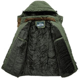 Olive green men's tactical winter parka with a waterproof and insulated design, featuring a military-inspired look with a camouflage pattern, a hood, long sleeves, and a high collar for added warmth.