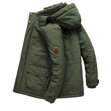 Olive green waterproof insulated men's tactical winter parka with a high collar, multiple pockets, and long sleeves, designed for workwear and outdoor protection.