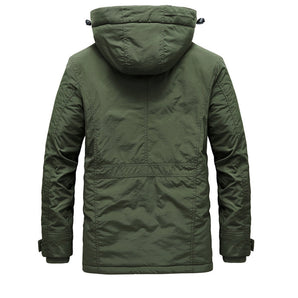 Olive green men's tactical winter parka featuring waterproof insulation, a hood, multiple pockets, and a zipper closure, designed to keep you warm and dry in cold weather.